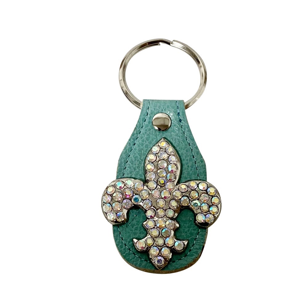 Raviani NWT Crystal Fleur De Lis Turquoise Leather Keychain